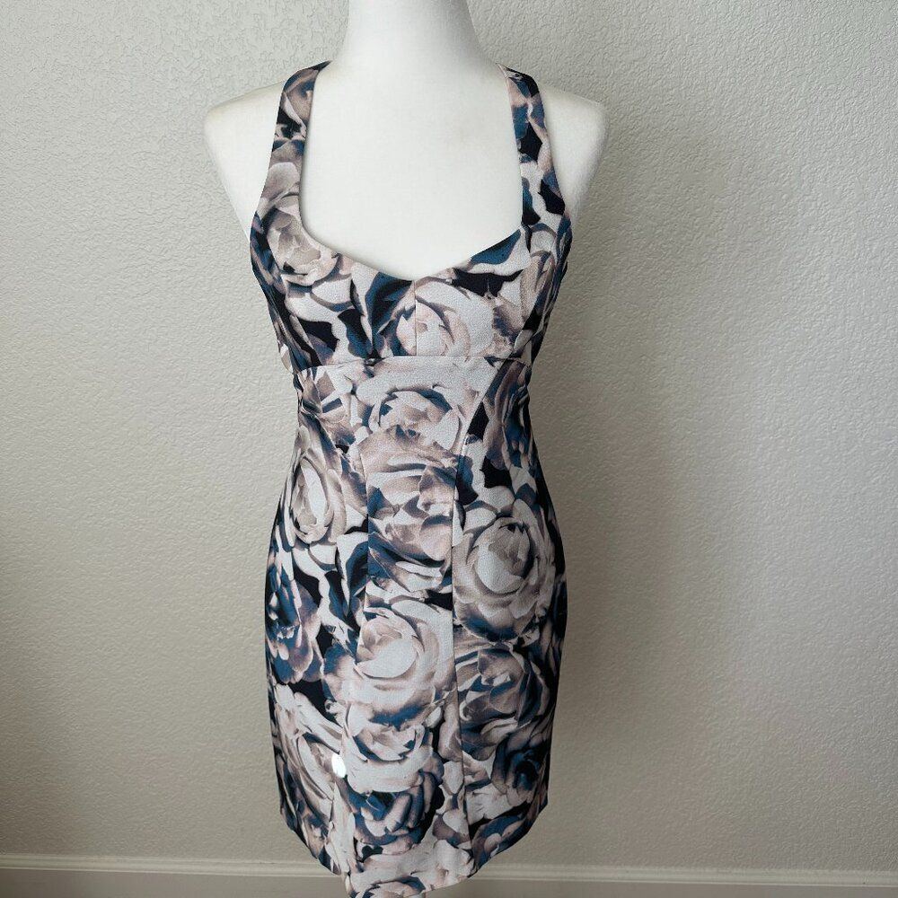 Black Halo Floral Watercolor V Neck Criss Cross Back Sheath Dress Size 4
